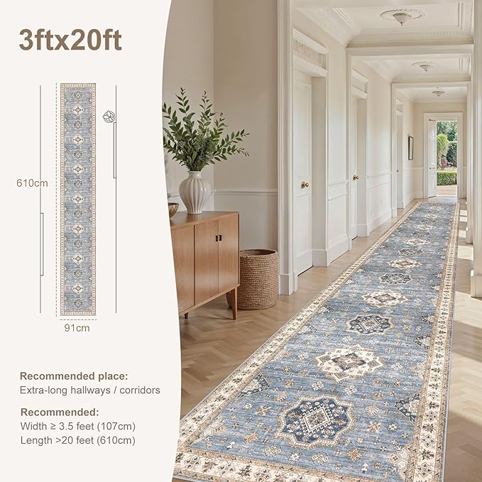 Washable 3x20 Runner Rug - Area Rugs Neutral Vintage Distressed Floral Farmhouse Boho Large Soft Floor Rug Indoor Carpet for Hallway Entryway Home - Blue