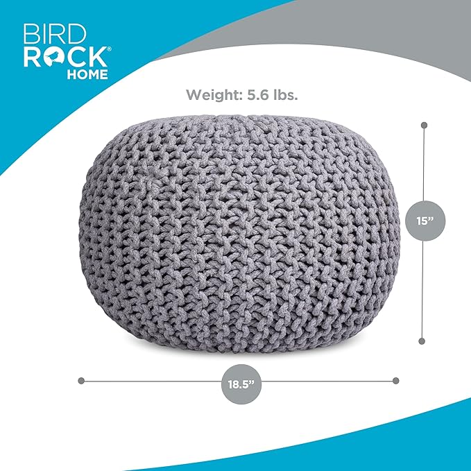 BIRDROCK HOME Round Pouf Ottoman | Cotton Braided Foot Stool with Bean Bag Filling | Boho Foot Rest for Living Room & Bedroom | Compact & Comfortable Seating, Lightweight & Soft | Light Grey