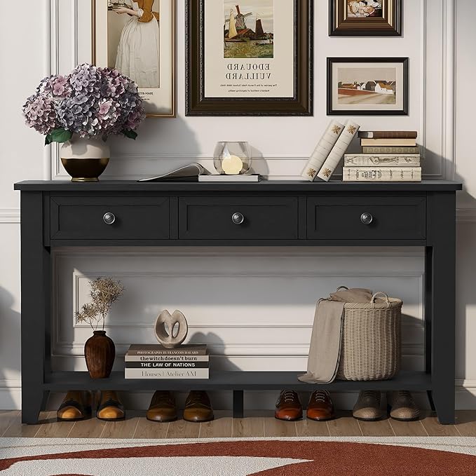 Farmhouse Modern Console Table 55.4-Inch Entryway Sofa Table with Drawers & Storage Shelf for Living Room Hallway Entrance, Black