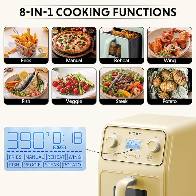 BUYDEEM F51 8-in-1 Air Fryer 4.2QT, Retro Countertop Airfryer Oven with Visible Window, Shake Reminder, One-touch Control with LCD Display, Mellow Yellow