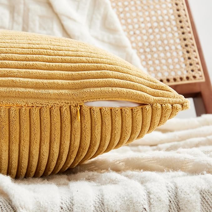 Fancy Homi 2 Packs Gold Yellow Lumbar Decorative Throw Pillow Covers 14x24 Inch for Couch Bed Sofa, Rustic Farmhouse Boho Spring Home Decor, Soft Striped Corduroy Rectangle Accent Cushion Case 35x60cm
