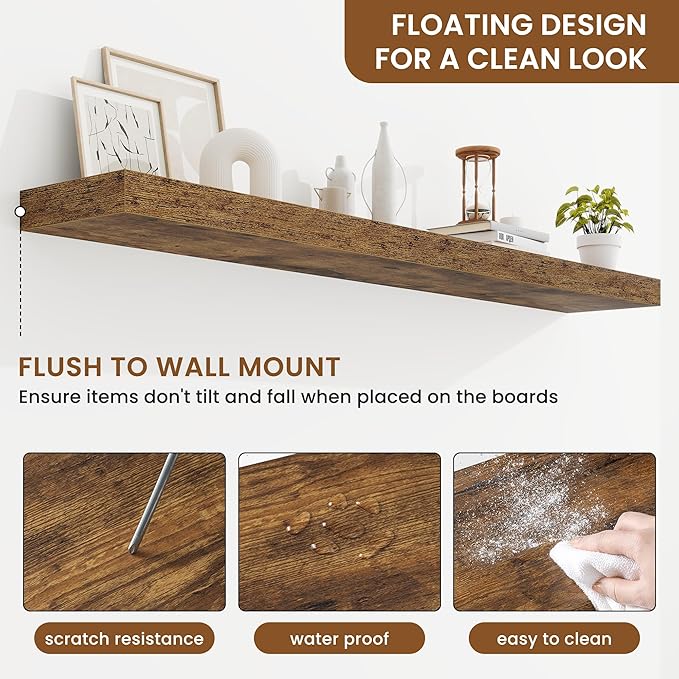 fuqing Floating Shelves for Wall, Bathroom Shelf Wall Mounted for Storage, Shelves with Invisible Bracket for Bedroom, Kitchen, Living Room, Farmhouse Small Book Shelf, 55 Inch Set of 2, Rustic Brown