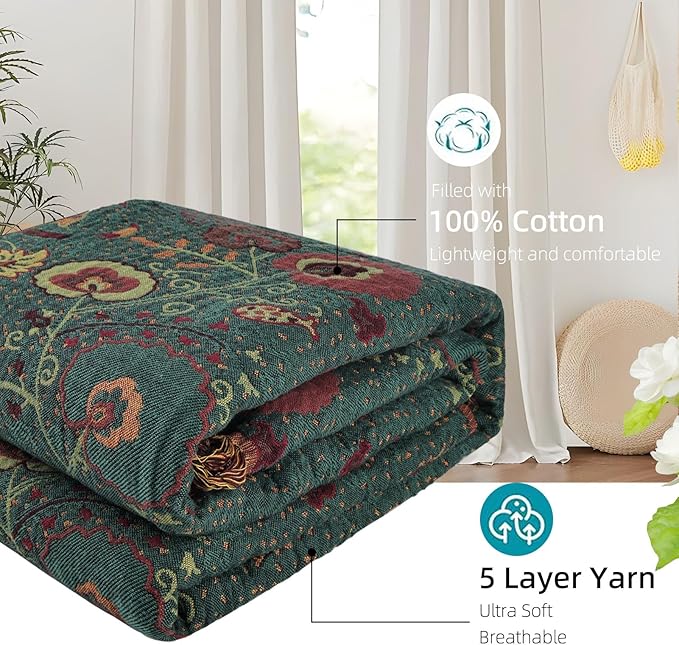 Boho Throw Blanket for Bed - 100% Pure Cotton Ultra Soft Rustic Quilt - Farmhouse Decor Bed Blankets, All Season Rustic Throw for Sofa Couch Chair(80''x 90'', Floral)
