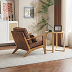 Karl home Accent Chair Wide Armrest Mid-Century Lounge Chair Bronzing Cloth Armchair with Lumbar Pillow & Solid Wood Frame for Living Room, Bedroom, Balcony, Brown
