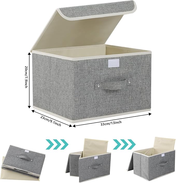 Fabric Storage Bins Cube Organizers with Flip-Top Lid and Handles,Storage Boxes for Organizing Home,Office,and Closet,Grey,3 Pack 13 X 9.1 X 7.9 in