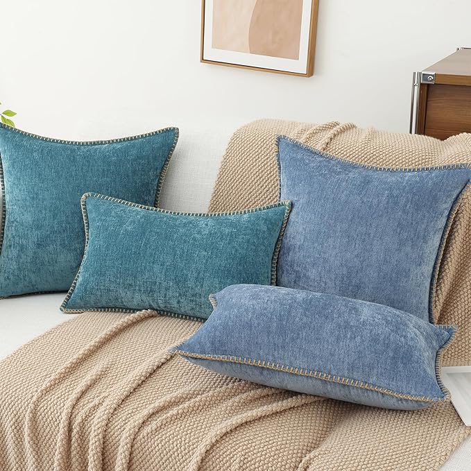 decorUhome Chenille Soft Throw Pillow Covers 24x24 Set of 2, Farmhouse Velvet Neutral Decorative Euro Pillow Covers with Stitched Edge for Couch Sofa Bed Home Decor, Teal