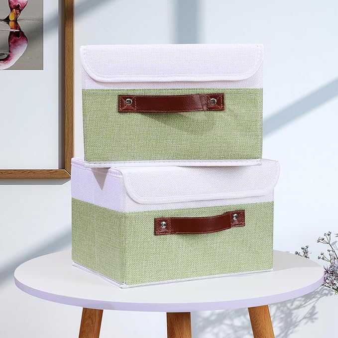 ANMINY 4PCS Storage Boxes with Lid Washable Decorative Storage Bins Basket with PU Leather Handle Foldable Linen Fabric Storage Cubes Containers for Home Closet Organizer - Green White, Small Size