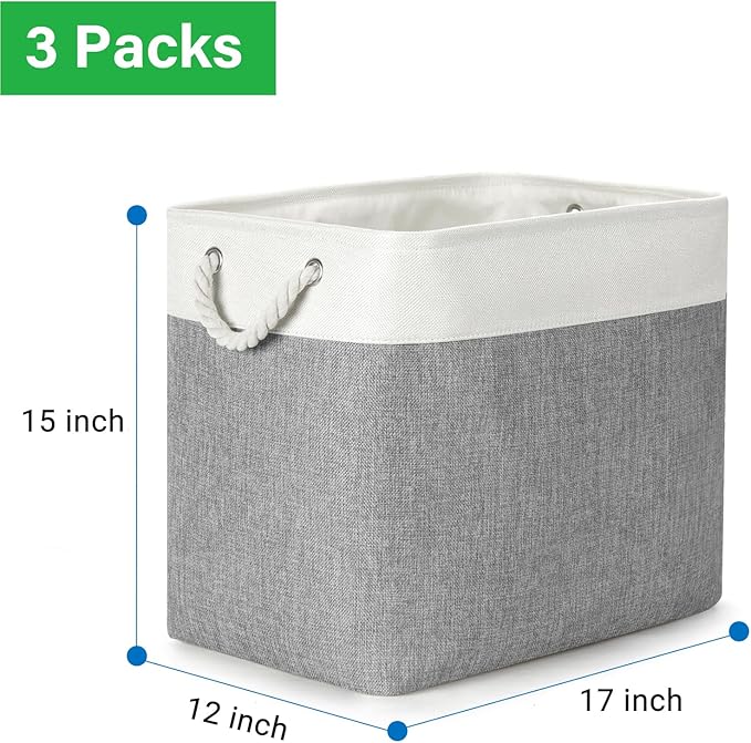Bidtakay Extra Large Storage Baskets for Organizing 17x12x15.1 inch 3-Pack Fabric Closet Organizers Storage Bins with Handles Foldable Storage Baskets for Shelves Clothes XL-White&Grey