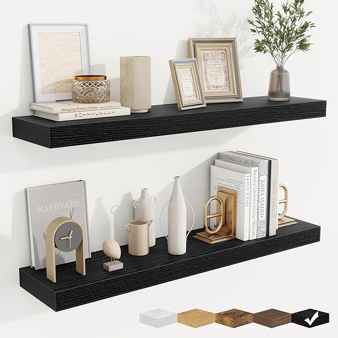 fuqing Floating Shelves for Wall, Bathroom Shelf Wall Mounted for Storage, Shelves with Invisible Bracket for Bedroom, Kitchen, Living Room, Farmhouse Small Book Shelf, 36 Inch Set of 2, Black