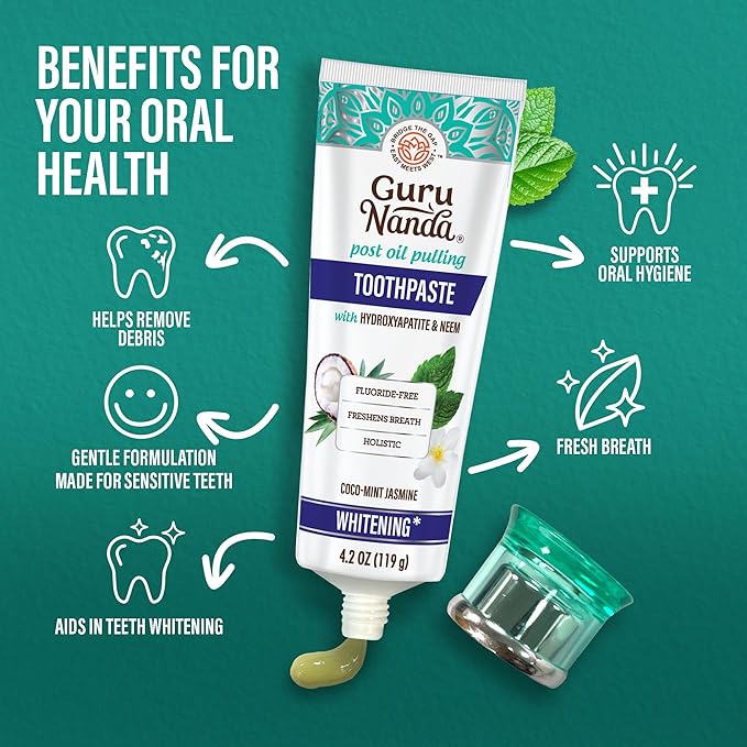 GuruNanda Hydroxyapatite Toothpaste, SLS & Fluoride Free (4 Pack), Whitening Toothpaste - Freshens Breath, Fights Plaque - with 2 Toothbrushes, 2 Tongue Scrapers & 2 Tube Squeezers