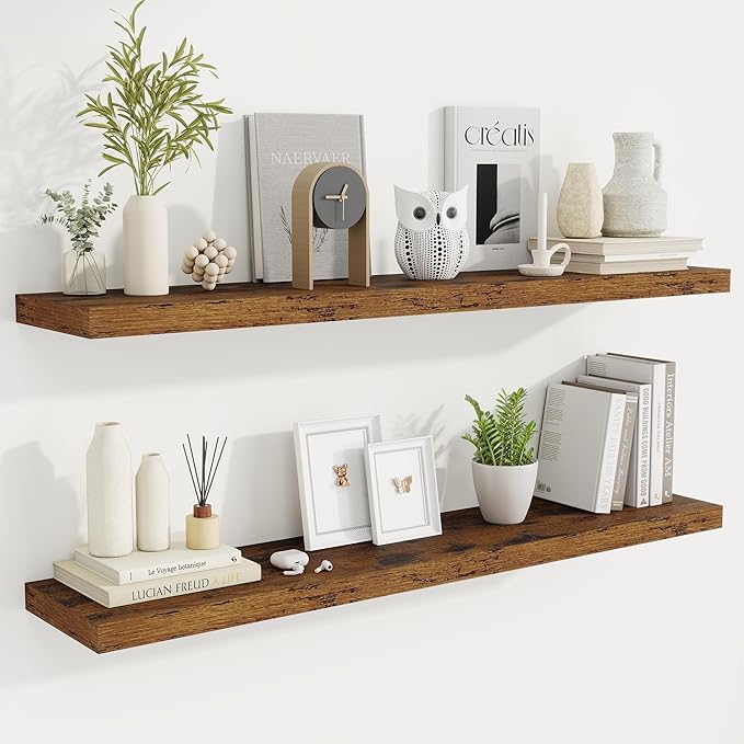 Fun Memories 48 Inch Deep Floating Shelves for Wall, 2 Pack of Long Wall Mounted Wood Shelves with Invisible Brackets for Bathroom, Bedroom, Living Room, Kitchen Decor and Storage, Brown