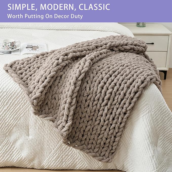 Bigacogo Chunky Knit Throw Blanket for Couch, 40x40 inches, 100% Hand Knitted with Thick Jumbo Chenille Yarn, Cozy Soft Large Rope Knot Cable Crochet Blankets for Sofa Bed Living Room, Taupe