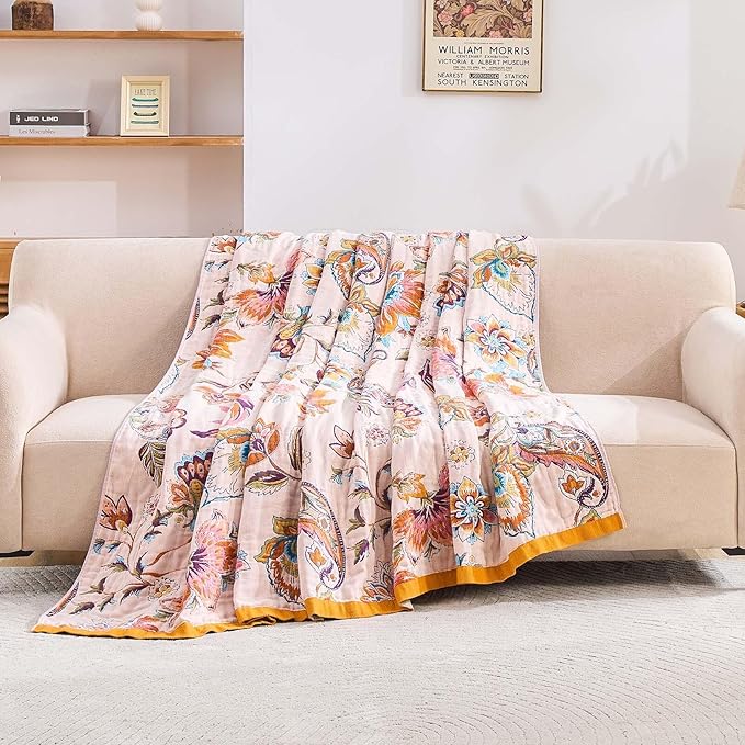 Boho Throw Blanket for Bed, 100% Cotton Soft Rustic Quilt Fall Blanket, 60"x80" Floral Printed Farmhouse Decor Bed Blankets, All Season Rustic Reversible Bohemian Throw Quilt