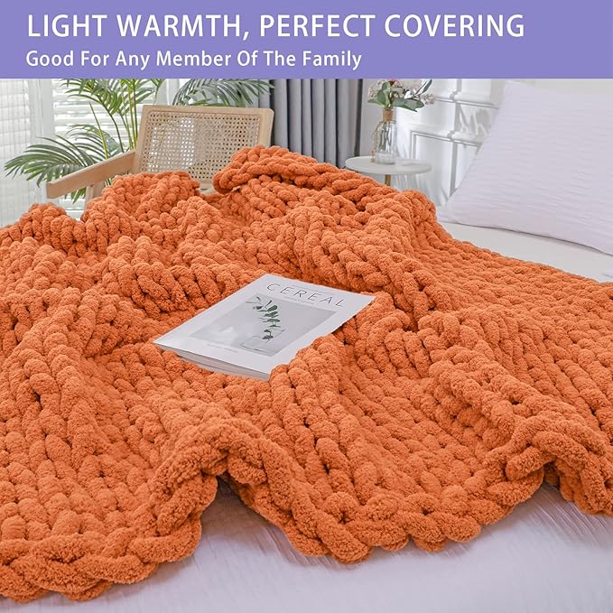 Bigacogo Chunky Knit Throw Blanket for Couch, 51x63 inches, 100% Hand Knitted with Thick Jumbo Chenille Yarn, Cozy Soft Large Rope Knot Cable Crochet Blankets for Sofa Bed Living Room, Terracotta