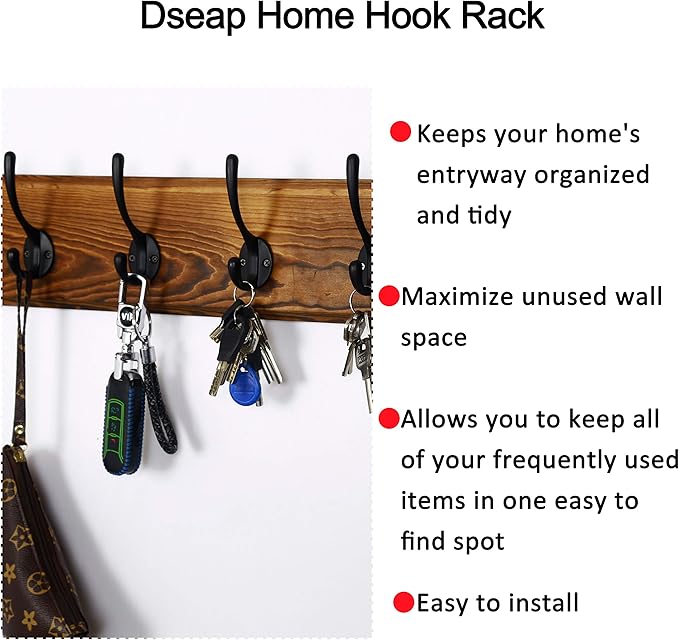 Dseap Wall Mounted Coat Rack: 38-1/4" Long, Patented, Heavy-Duty, 10-Double-Hooks Wooden Hanger Rail for Winter Coats, Hats, Jackets, Clothing - Natural & Black, Pack of 2
