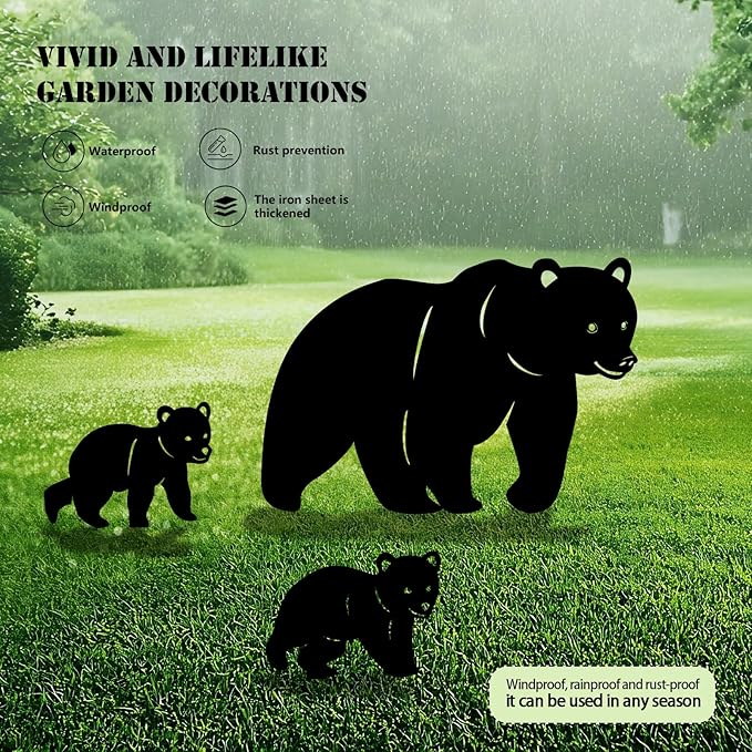 3 Pack Bear Metal Garden Decorative Stakes, Weather Proof Silhouette Statues for Yard, Patio,Outdoor Decor for Bear Lovers and Pet Owners