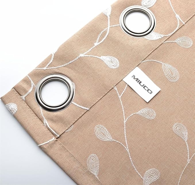 MIUCO Floral Embroidered Semi Sheer Curtains Faux Linen Grommet Curtains for Living Room 52 x 84 Inch 2 Panels Set, Taupe
