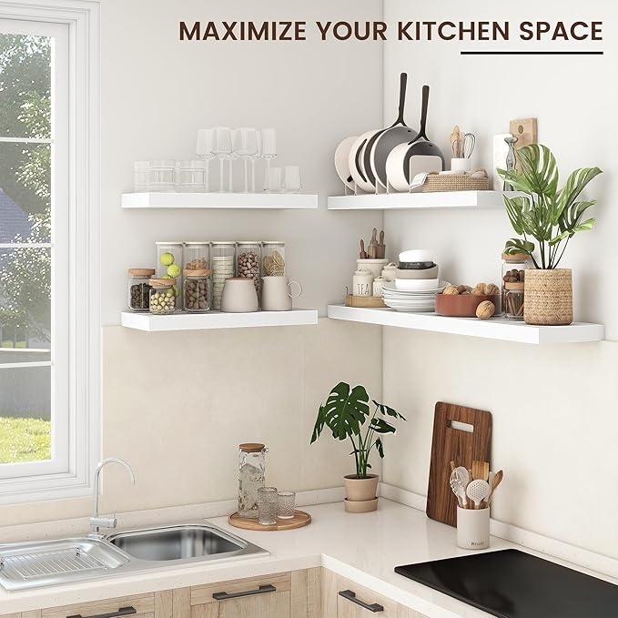Floating Shelves - 2 Large Wall Mounted Shelves with Invisible Brackets, Long Wood Floating Wall Shelf for Living Room, Bedroom, Kitchen (White, 24" W x 9" D x 1.5" H)