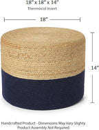 REDEARTH · Cylindrical Pouf Foot Stool Ottoman - Jute Braided Pouffe Poof Accent Sitting Footrest for Living Room, Bedroom, Nursery, Patio, Lounge & Other Rooms (Navy Natural, 18"x18"x14")