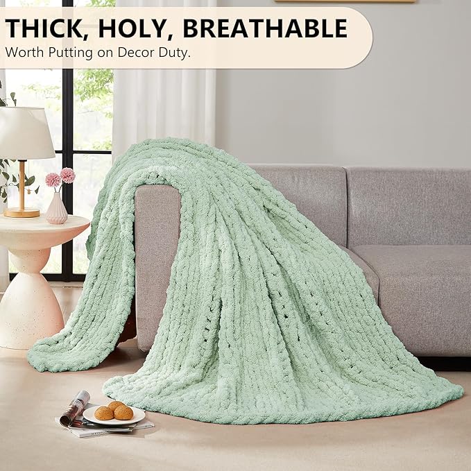 L'AGRATY Chunky Knit Blanket Throw: 50''x60'' Chenille Chunky Knitted Throw Blanket for Bed Couch - Handmade Thick Big Cable Knit Blanket - Large Crochet Rope Blanket for Home Decor(Milky Green)