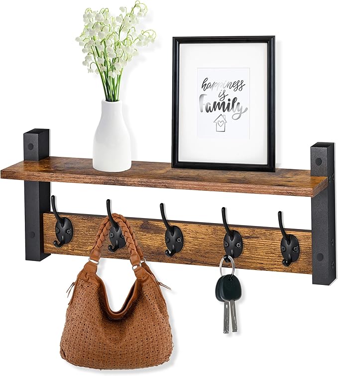 Sorbus Coat Hooks Wall Mount with Shelf – 24 Inch Coat Rack Wall Mount with 5 Heavy Duty Hooks – Floating Wall Shelf with Hooks for Entryway, Bathroom, Bedroom, Kitchen, or Mudroom (Rustic Brown)