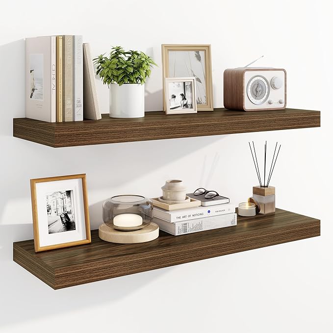 Marsmiles 31.5" Floating Shelves for Wall, Wooden Shelves with Invisible Brackets Set of 2, Rustic Farmhouse Wall Mounted Shelf for Kitchen Bathroom Living Room Study, Walnut