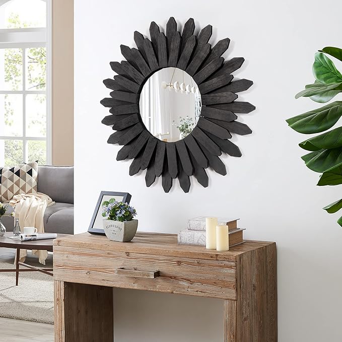 Honiway 21 inch Black Wall Decor Vintage Mirror, Boho Style, Wooden Frame, Easy to Hang, Ideal Gift