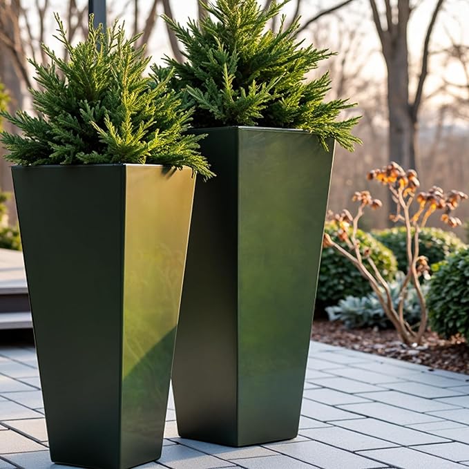 WORTH Garden Large Metal Glazed Planter Set of 2 (25" + 28"), Luxurious Glossy Finish Green Tall Square Tapered Steel Plant Pot, Decor Flower Pot Indoor & Outdoor, Drainage Hole & Dual-Purpose Saucer