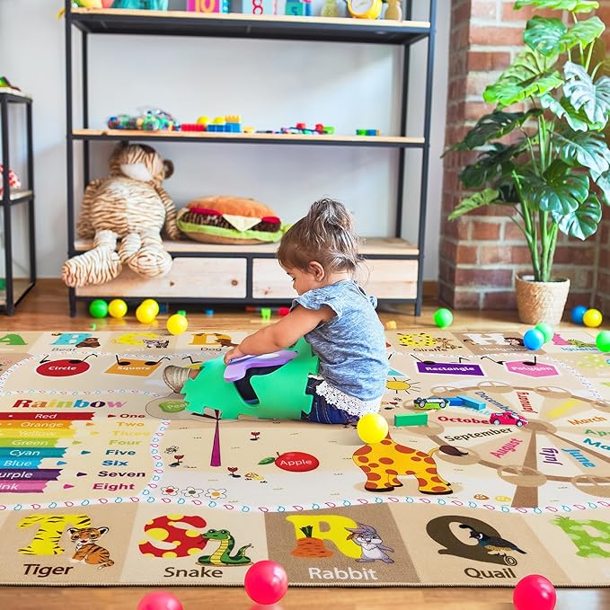 Kids Rugs for Playroom Washable, Educational and Fun Learning Rugs with ABC Alphabet Animals Shapes, Baby Toddler Children's Play Mat for Bedroom Classroom Nursery, 3x5 Feet, Beige and Pink