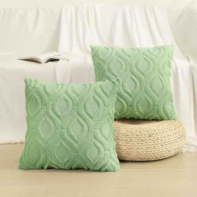 decorUhome Throw Pillow Covers 24x24 Inch Set of 2, Soft Plush Decorative Faux Fur Sage Green Solid Couch Pillow Covers, Accent Farmhouse Neutral Square Euro Pillow Cases for Sofa Bed Living Room