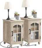 Narrow Side Table Set of 2,Farmhouse Nightstand with Charging Station,End Table with Glass Barn Door Storage, Cabinet Organizer with Adjustable Shelf, Night Stand for Small Spaces Living Room Bedroom