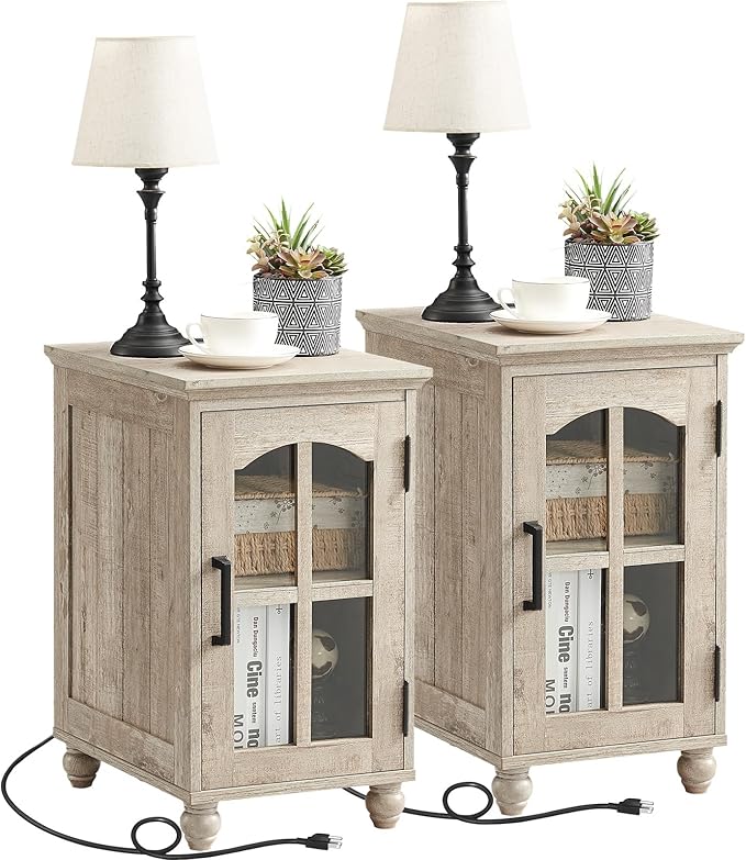 Narrow Side Table Set of 2,Farmhouse Nightstand with Charging Station,End Table with Glass Barn Door Storage, Cabinet Organizer with Adjustable Shelf, Night Stand for Small Spaces Living Room Bedroom