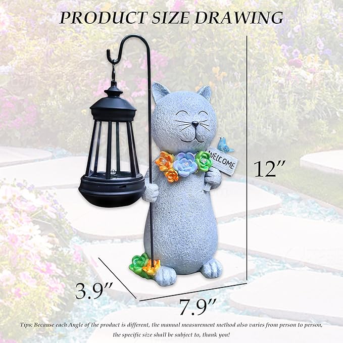 Solar Cat Garden Statues Outdoor Décor with Lantern- Cat Figurines Solar LED Light Lawn Ornaments - Yard Decorations for Patio, Balcony, Backyard -Unique House Warming Gifts for Mom