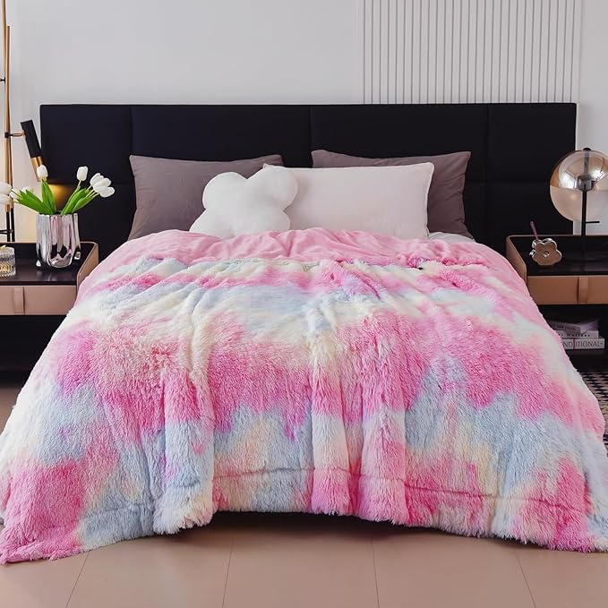 GONAAP Fuzzy Faux Fur Throw Blanket Queen Size Tie-dye Rainbow Super Soft Cozy Plush Fuzzy Shaggy Blanket for Couch Sofa Bed (Tie-dye Rainbow, Queen(90"x90"))
