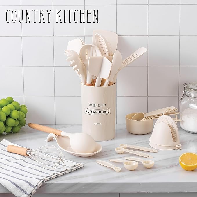 Country Kitchen Non Stick Silicone Utensil Set with Rounded Wood Handles for Cooking and Baking, 38 Piece Set, Khaki