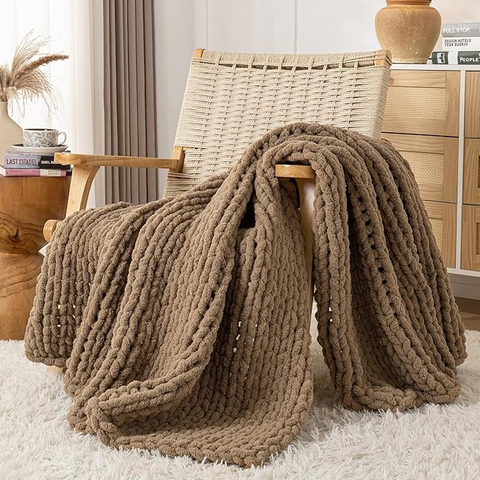 Chunky Knit Blanket Throw, 100% Hand Knit Throw Blanket Handmade Chenille Cable Knit Throw for Couch, Stylish Cozy Soft Rope Knot Crochet Blanket for Home Decor, Camel, 50x60 Inches