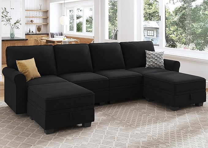 HONBAY Sectional Sofa with Storage Seat Velvet U Shaped Couch with Reversible Chaise Convertible Sectional Couches for Living Room,Black Velvet