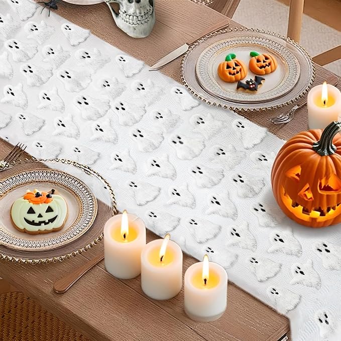Halloween Table Runner Ghost Soft Plush Faux Fur Halloween Table Runner Hallowee Home Decor, Holiday Kitchen Dining Table Decoration for Home Party Decor 13x72 Inch