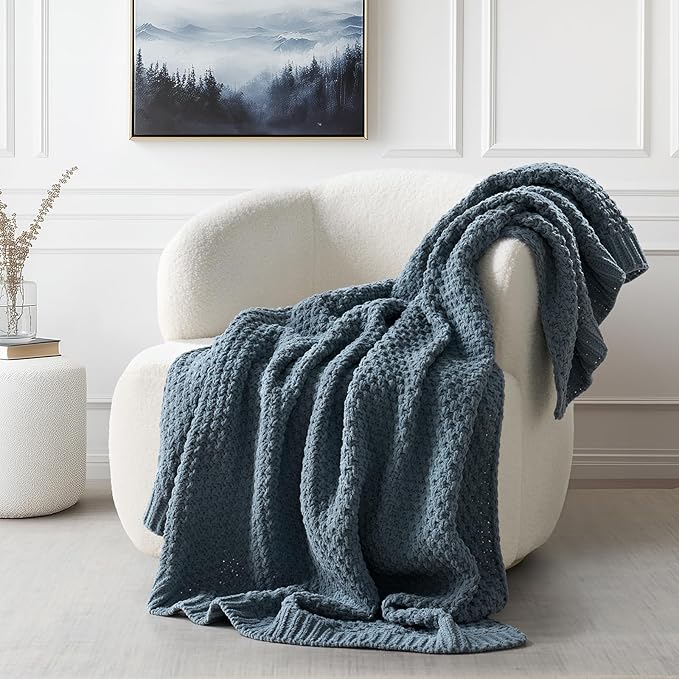Chunky Chenille Knit Throw Blanket for Couch, Soft Luxurious Moss Stitch Blankets for Bed, Cozy Decorative Farmhouse Knitted Throws for Sofa, Stormy Blue, 50" x 60"