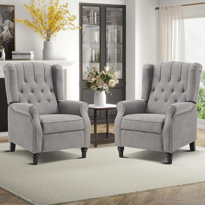 EBELLO 2 Pcs Pushback Recliner Chairs, Fabric Armchair Push Back Recliner with Rivet Decoration, Single Sofa Accent Chair for Living Room, Bedroom, Grey