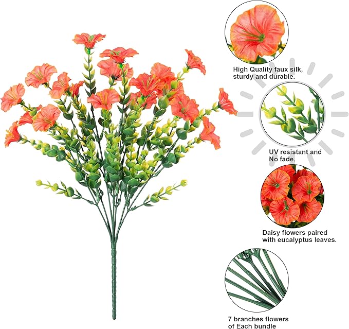 Artificial Fall Flowers Fake Plants for Outdoors Autumn Decoration, 12 Bundles Orange Silk Morning Glory with Eucalyptus Look Real UV Resistant Faux Flowers for Outside Planters Front Door Yard Indoor