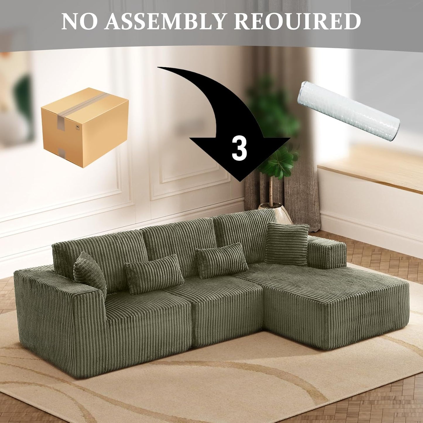 Modular Sectional Sofa Cloud Sectional Couch, 135" Comfy Fluffy L Shaped Olive Green Couches for Living Room, Deep Seat Memory Foam Plush Corduroy Boneless Couch Sectionals Right Facing Chaise Sofa