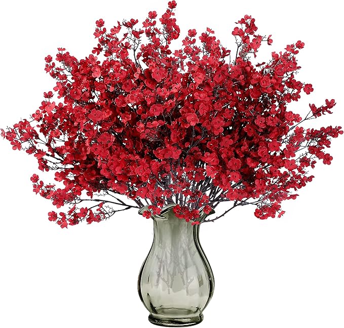 Sggvecsy 15 Pcs Babys Breath Artificial Flowers Gypsophila Bouquets Bulk Real Touch Fake Silk Flowers for Home Wedding DIY Floral Arrangement Kitchen Christmas Centerpiece Festival Decoration (Red)