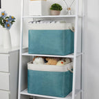 Bidtakay Foldable Storage Bins Set of 2 Tall Cloth Baskets 16" X 11.8" X 11.8" Decorative Organizers for Linen Closet (White & Teal)