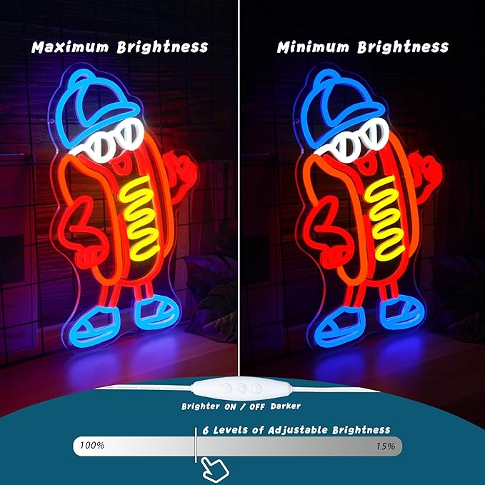 Hot Dog Neon Sign Dimable Cool Hot Dogs Neon Signs Funny Hot Dog Party Themed Light Decor for Restaurants Bars Game Rooms Vibrant LED Lighting Gifts for Fast Food Enthusiasts (15×9.8inch)