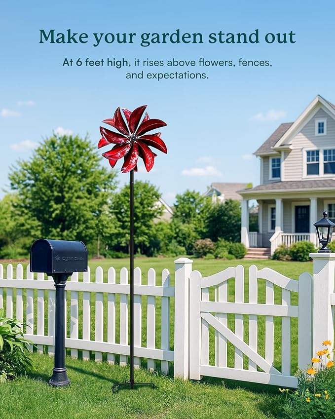 Wind Spinners Outdoor - Red Metal Windmill with Stake for Yard and Garden, Kinetic Wind Sculptures & Spinners, Gift Decor Ideas for Garden Lovers (12" W x 70" H)