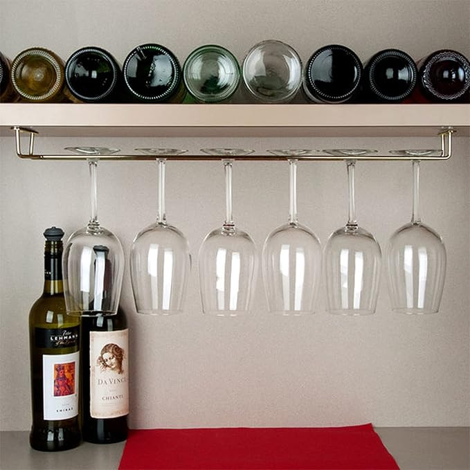 TrueCraftware- 24-Inch Wine Glass Rack Brass Finish Set of 2- Stemware Rack Wire Hanging Rack Under Cabinet Wine Glass Stemware Holder Glass Storage Hanger Organizer for Kitchen and Bar