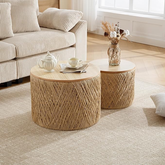 Nesting Coffee Table Set of 2, Natural Round Wooden Coffee Tables Rustic Woven Circle Side/Sofa Table for Small Space Living Room Bedroom Apartment No Assembly Required