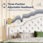 Allewie King Bed Frame with Adjustable Velvet Tiara Headboard, Upholstered Diamond Button Tufted Platform Bed, Wood Slats Support, No Box Spring Needed, Mattress Foundation, Easy Assembly, White