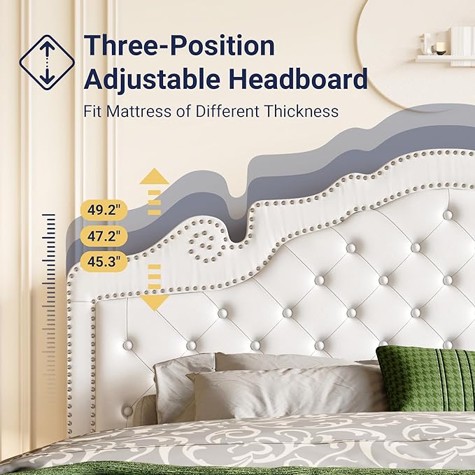 Allewie King Bed Frame with Adjustable Velvet Tiara Headboard, Upholstered Diamond Button Tufted Platform Bed, Wood Slats Support, No Box Spring Needed, Mattress Foundation, Easy Assembly, White
